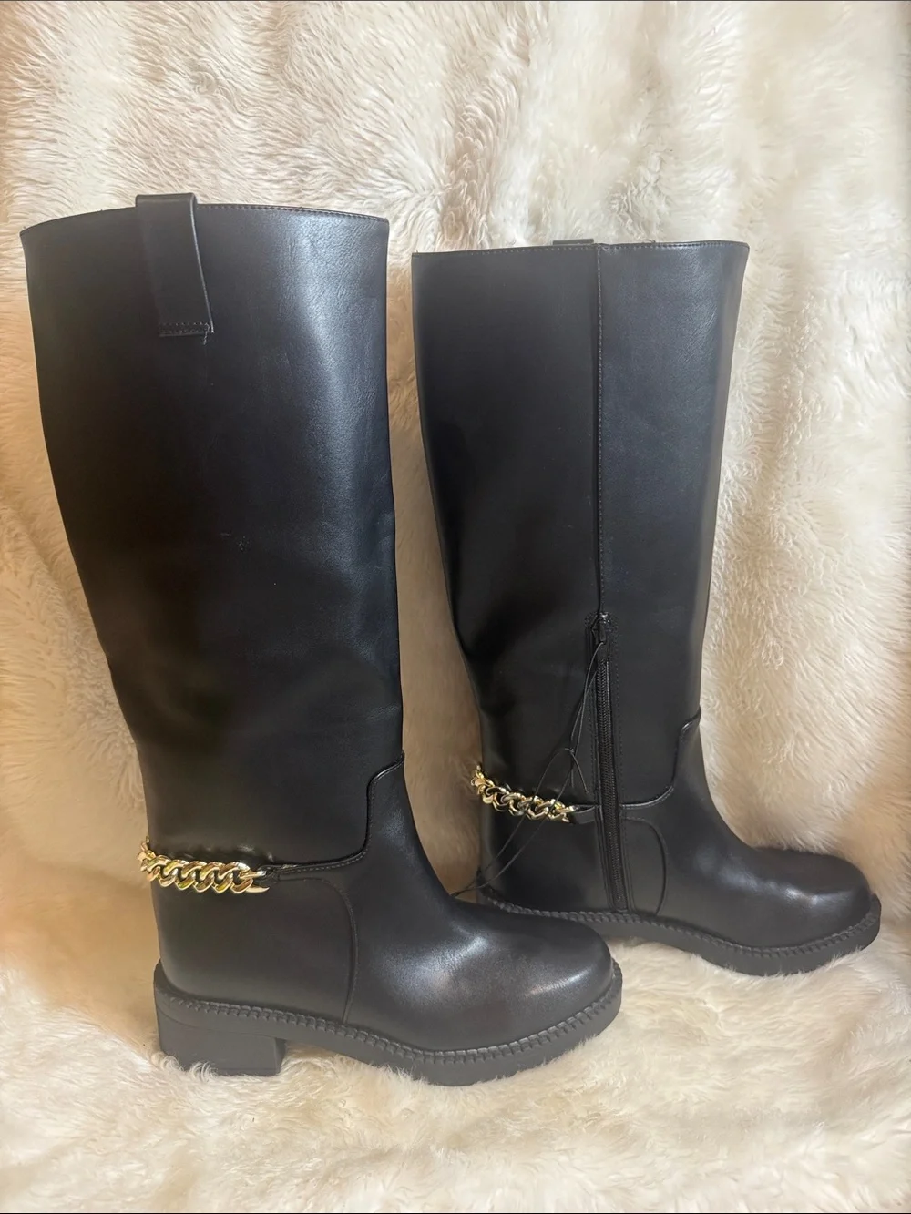 NWT A New Day Black Knee High Chain Boots Women’s Size 6.5 Riding Moto Gold Chai